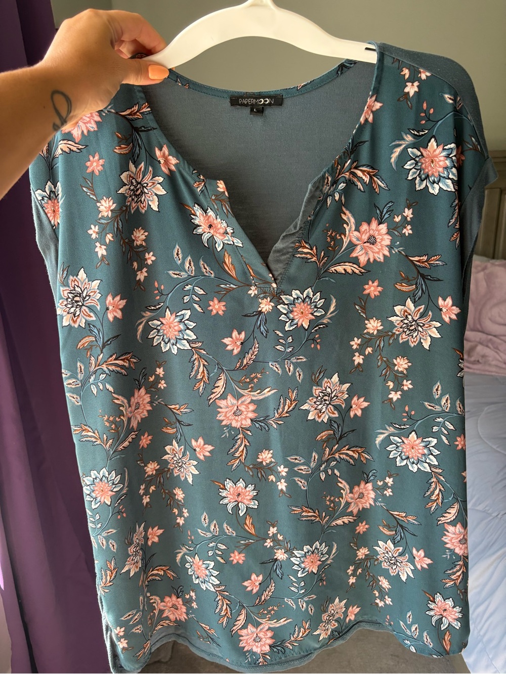 Papermoon Teal Floral Split-Neck Blouse